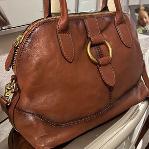 FRYE Half Dome Satchel Bag w Shoulder Strap Brown Cognac Leather Purse like new
